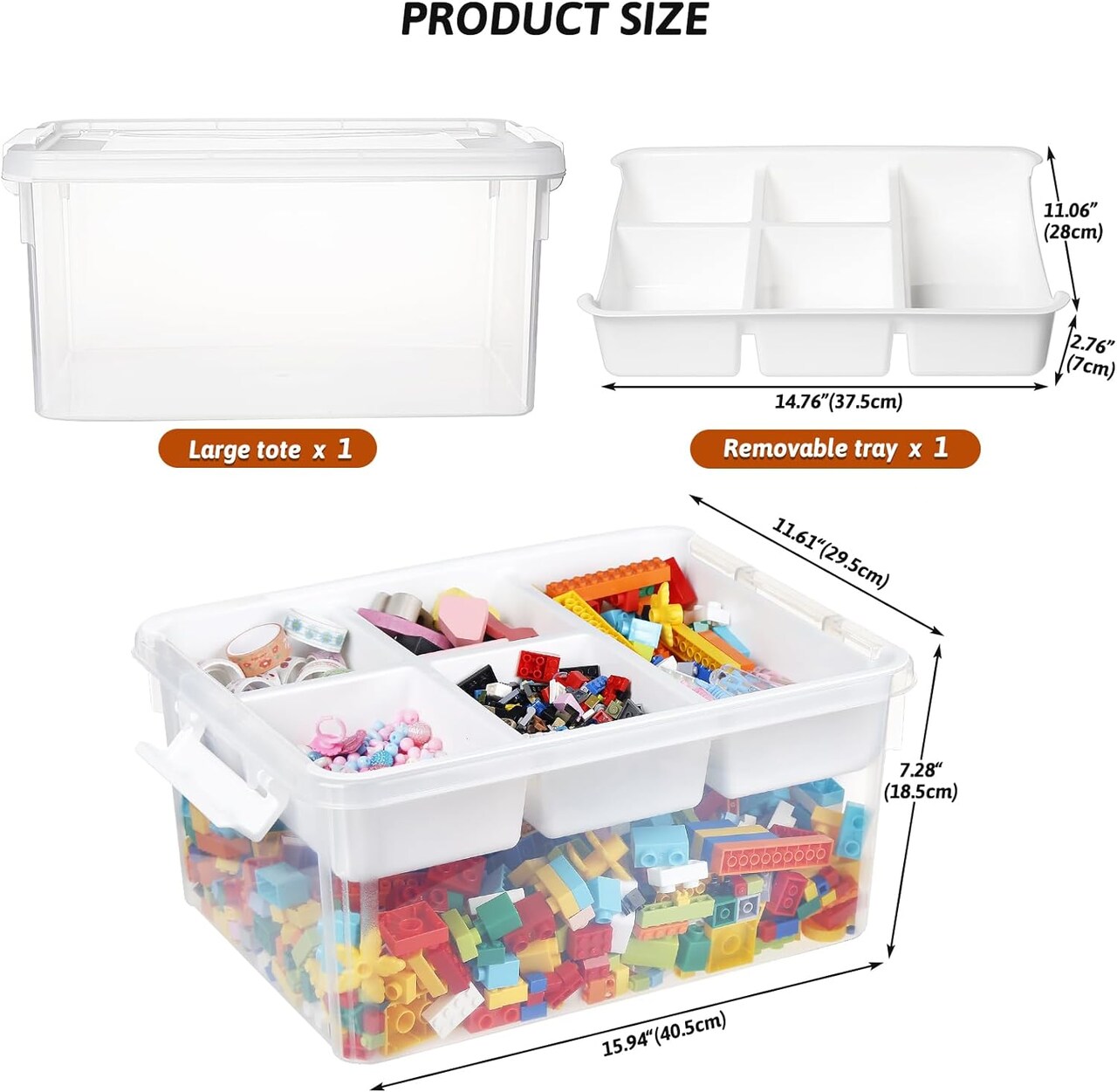Plastic Storage Bins with Lids - 1 Pack Art Craft Supply Organiser Box with Removable Tray for Kids, 17 QT Stackable Clear Container for Toy/Sewing/Bead/Tool/Playdough (15.94" x11.61" x7.28").